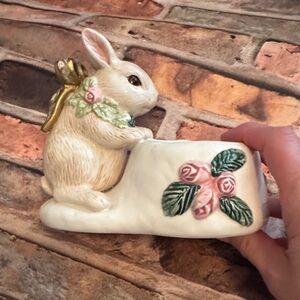 Fitz and Floyd Winter Rose Easter Bunny Rabbit Votive Candle Holder Handpainted
